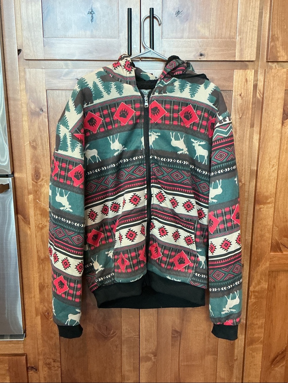 Men's Hooded Zip Jacket - Red, Green & Cream Pattern
